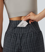 Check Plaid Print Super High Waisted 2-in-1 Yoga Shorts 5'' with Pockets — Storm Gray Check Plaid — view 5