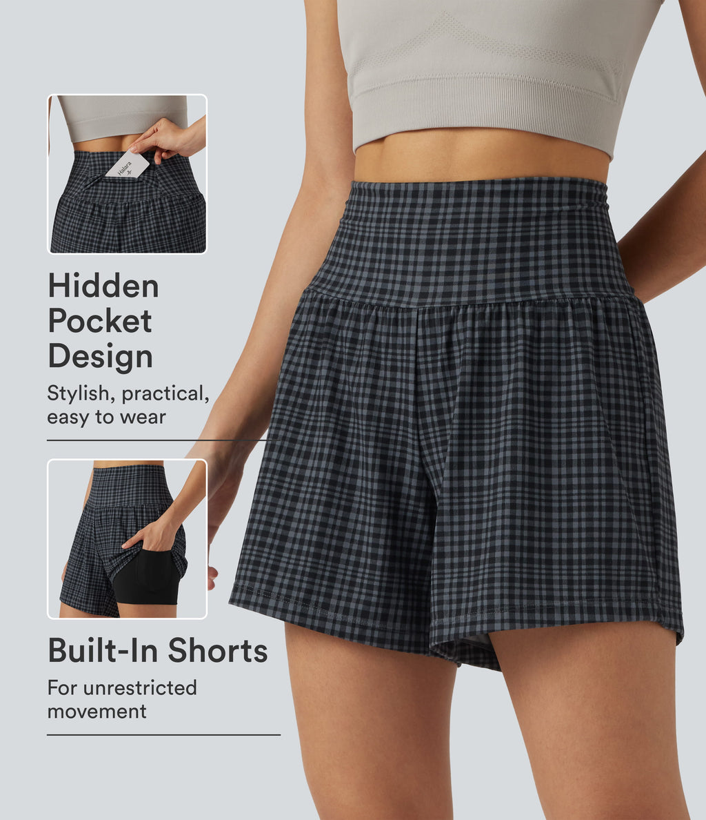 Check Plaid Print Super High Waisted 2-in-1 Yoga Shorts 5'' with Pockets — Storm Gray Check Plaid — view 1