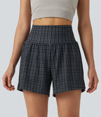 Check Plaid Print Super High Waisted 2-in-1 Yoga Shorts 5'' with Pockets — Storm Gray Check Plaid — view 3