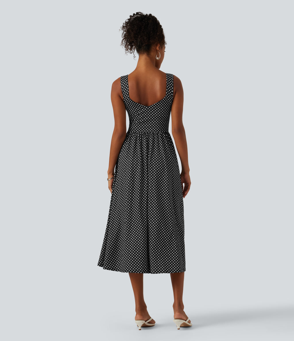 Sleeveless Backless Crossover Built-in Bra Polka Dot Midi Casual Flowy Dress with Pockets DD-F Cups — Midnight Dots — view 2