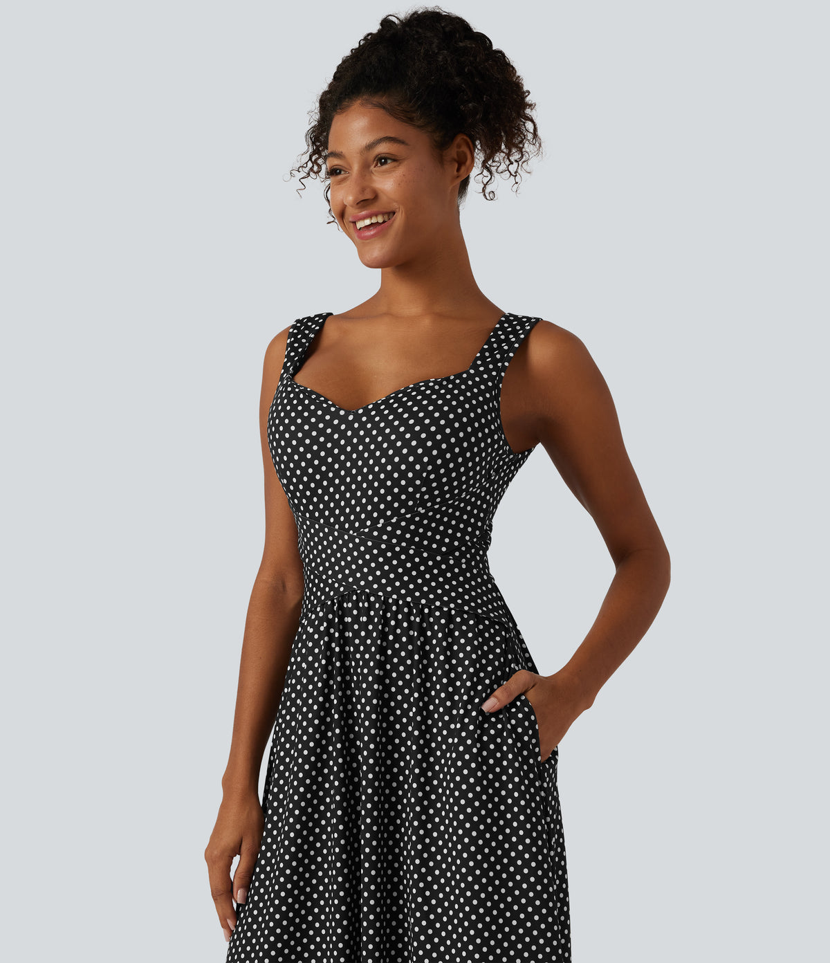 Sleeveless Backless Crossover Built-in Bra Polka Dot Midi Casual Flowy Dress with Pockets DD-F Cups — Midnight Dots — view 4