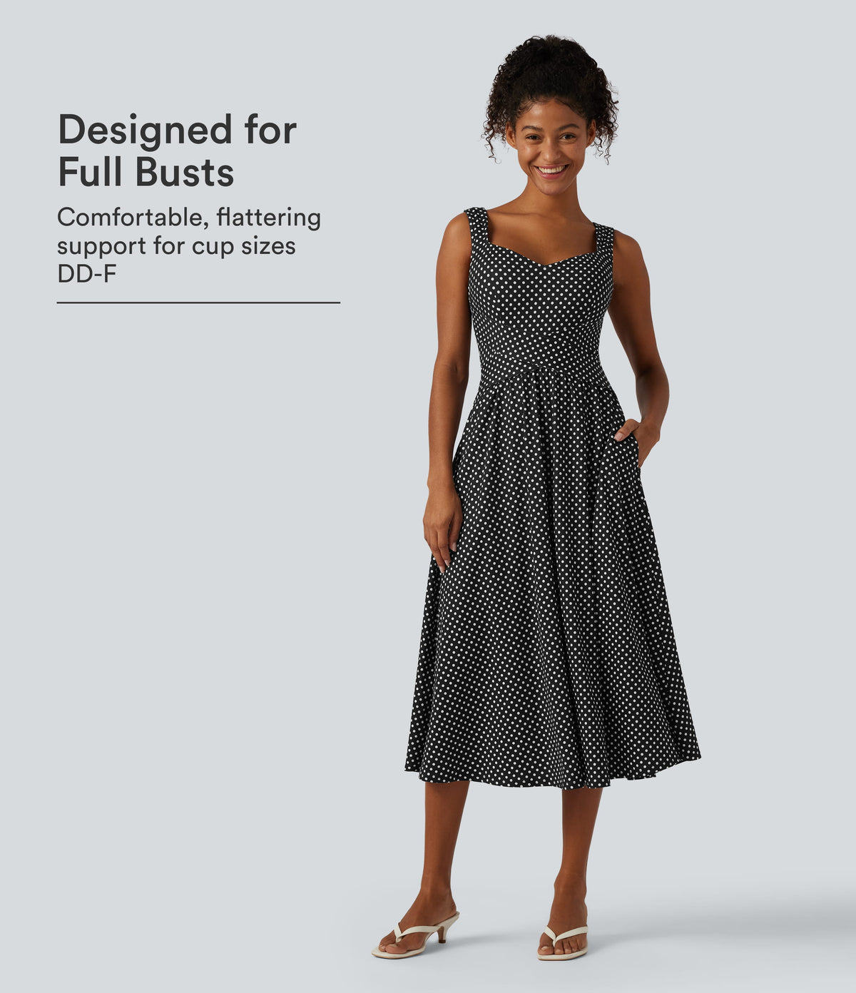 Sleeveless Backless Crossover Built-in Bra Polka Dot Midi Casual Flowy Dress with Pockets DD-F Cups — Midnight Dots — view 1