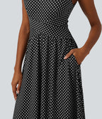 Sleeveless Backless Crossover Built-in Bra Polka Dot Midi Casual Flowy Dress with Pockets DD-F Cups — Midnight Dots — view 5