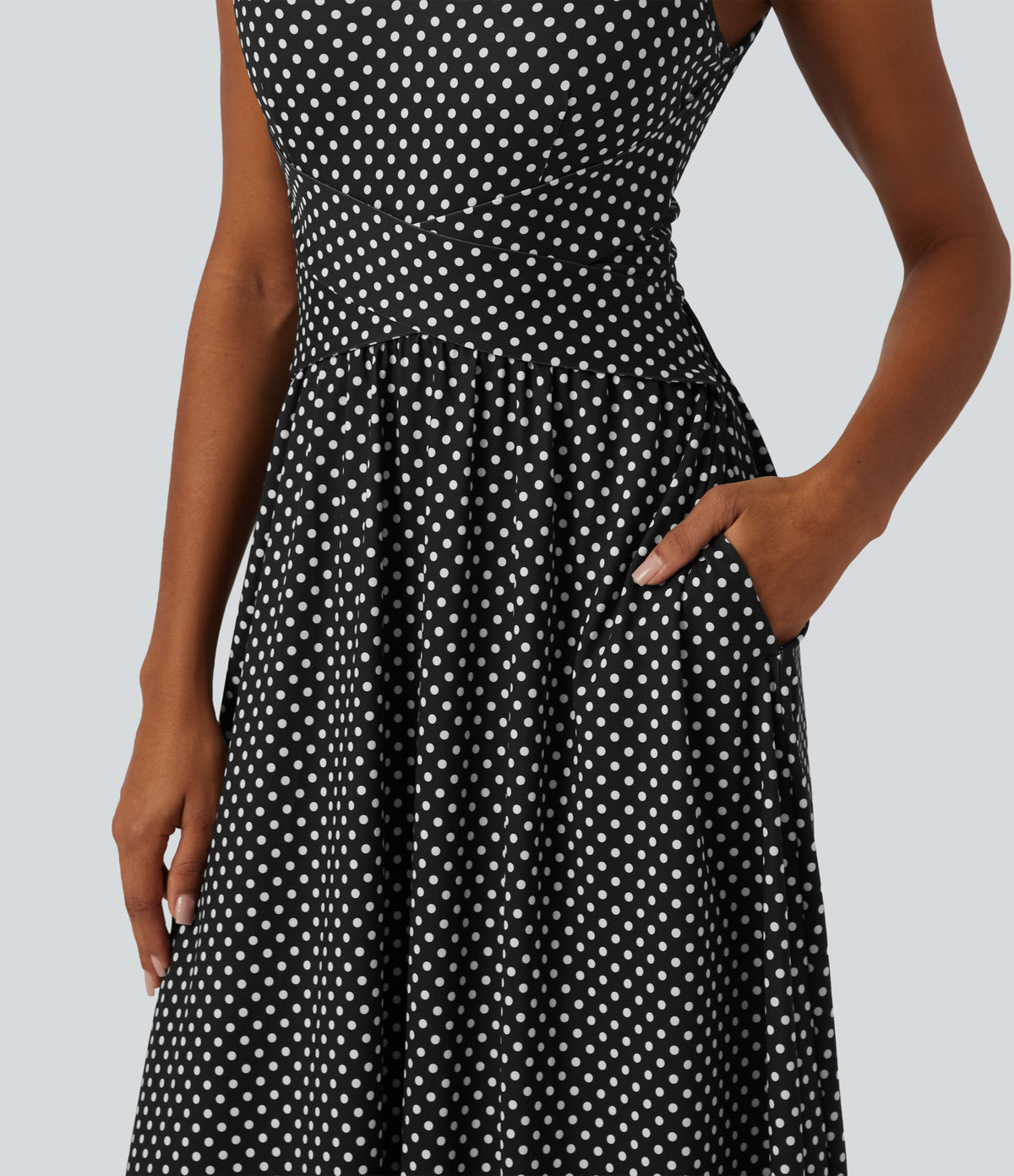 Sleeveless Backless Crossover Built-in Bra Polka Dot Midi Casual Flowy Dress with Pockets DD-F Cups — Midnight Dots — view 5
