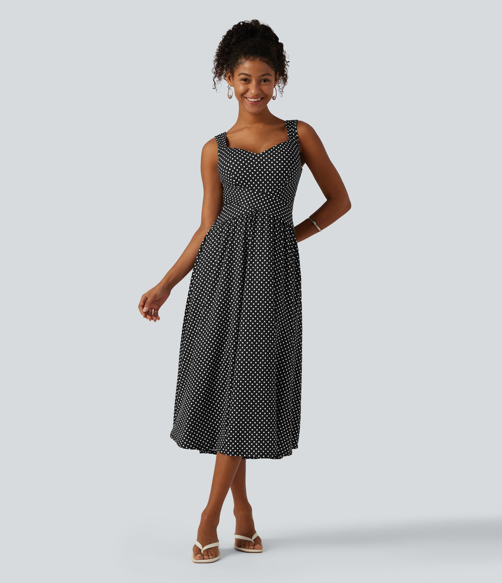 Sleeveless Backless Crossover Built-in Bra Polka Dot Midi Casual Flowy Dress with Pockets DD-F Cups — Midnight Dots — view 7