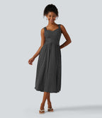Sleeveless Backless Crossover Built-in Bra Polka Dot Midi Casual Flowy Dress with Pockets DD-F Cups — Midnight Dots — view 7