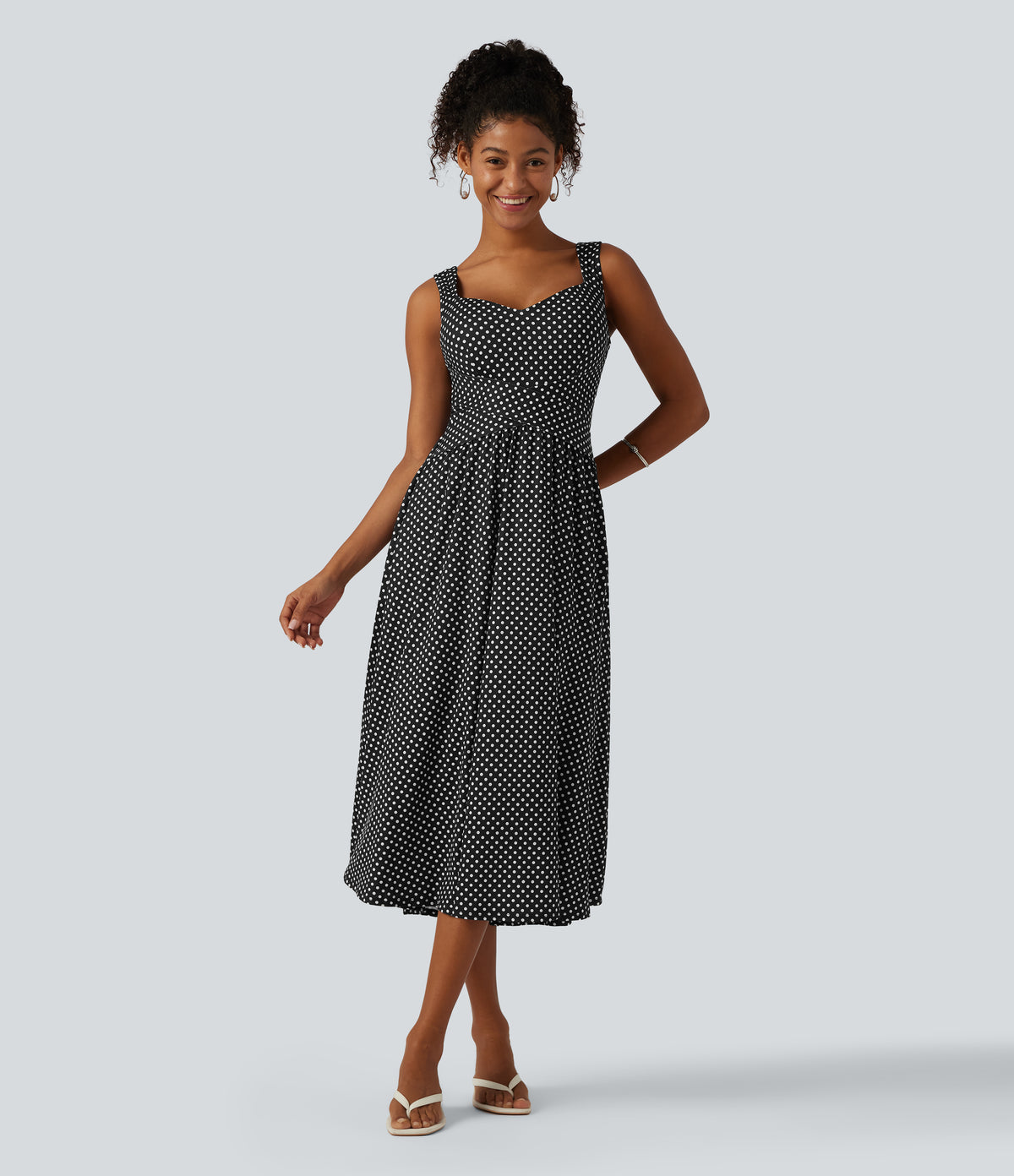 Sleeveless Backless Crossover Built-in Bra Polka Dot Midi Casual Flowy Dress with Pockets DD-F Cups — Midnight Dots — view 7