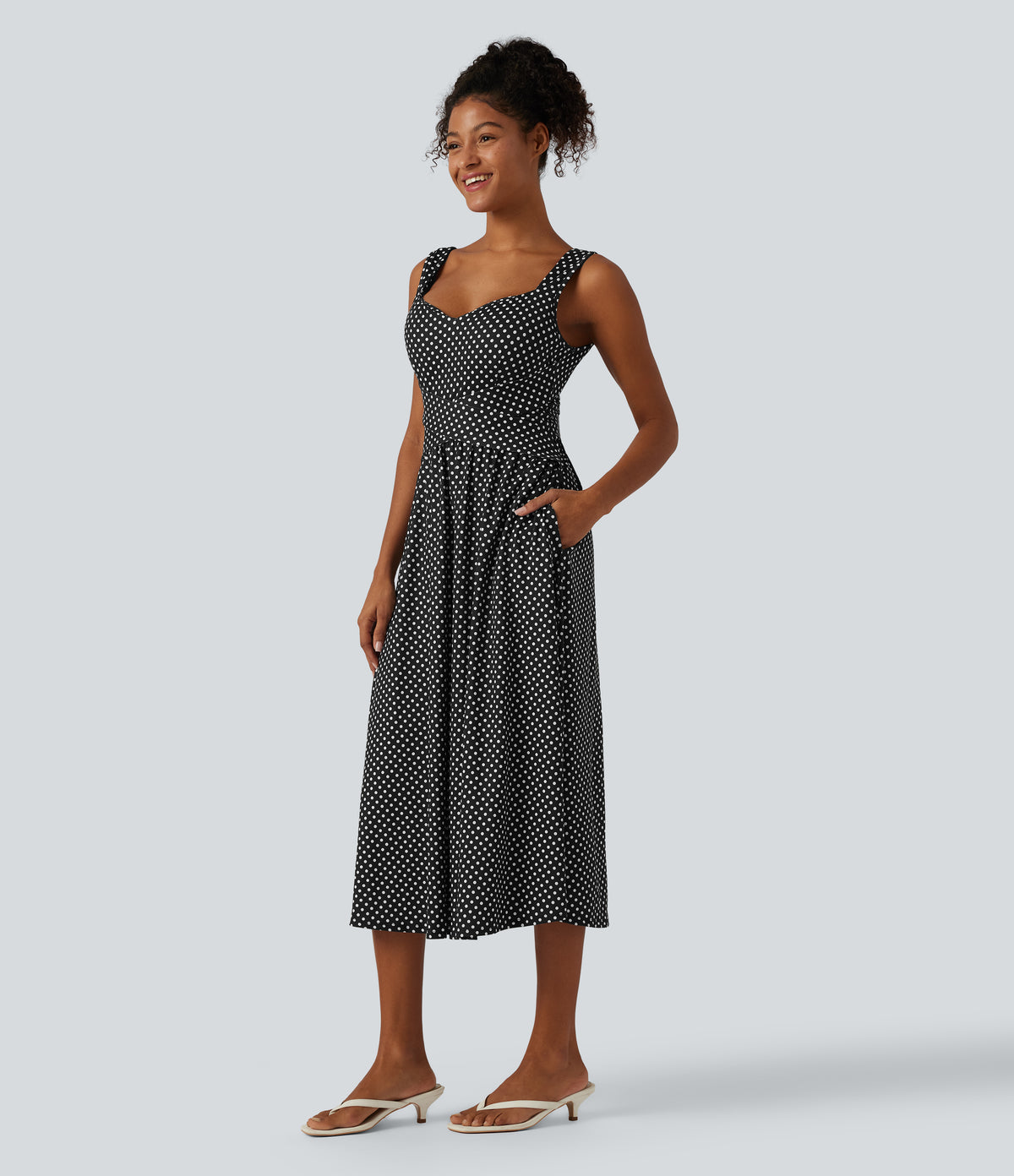 Sleeveless Backless Crossover Built-in Bra Polka Dot Midi Casual Flowy Dress with Pockets DD-F Cups — Midnight Dots — view 3