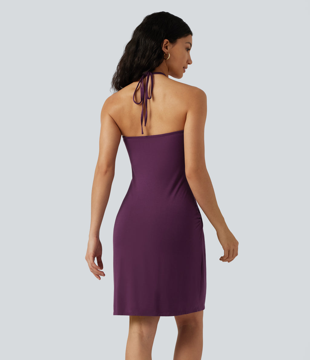 Halter Tie Back Built-in Bra Mini Resort Dress with Pockets — Fig — view 3