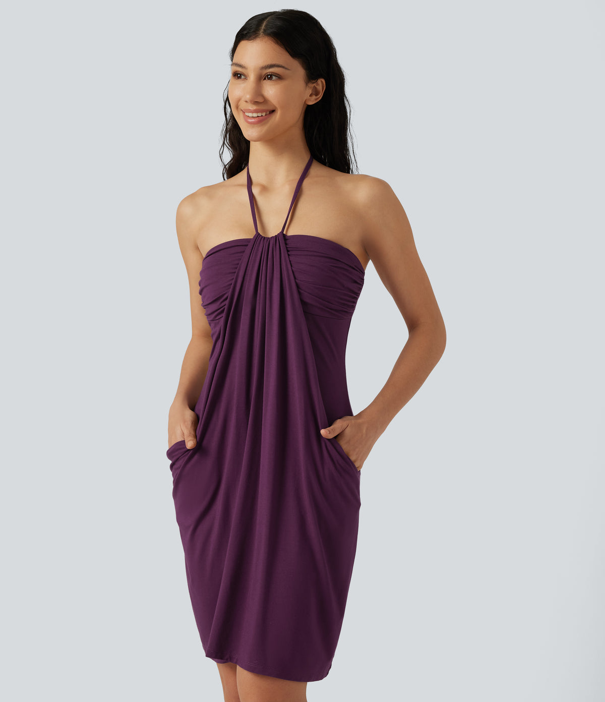 Halter Tie Back Built-in Bra Mini Resort Dress with Pockets — Fig — view 6