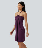 Halter Tie Back Built-in Bra Mini Resort Dress with Pockets — Fig — view 5