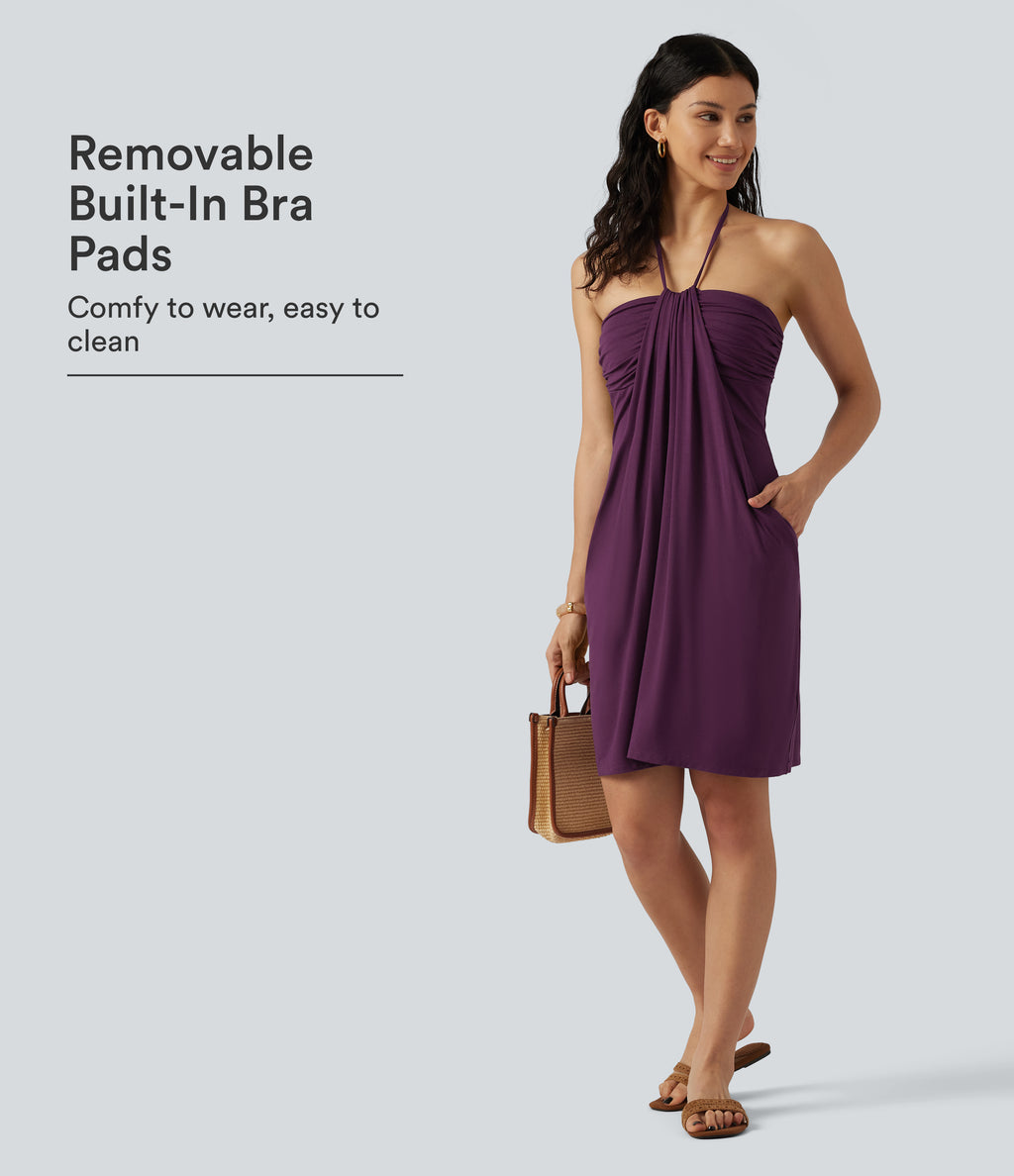Halter Tie Back Built-in Bra Mini Resort Dress with Pockets — Fig — view 1