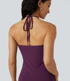 Halter Tie Back Built-in Bra Mini Resort Dress with Pockets — Fig — view 8