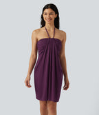 Halter Tie Back Built-in Bra Mini Resort Dress with Pockets — Fig — view 4