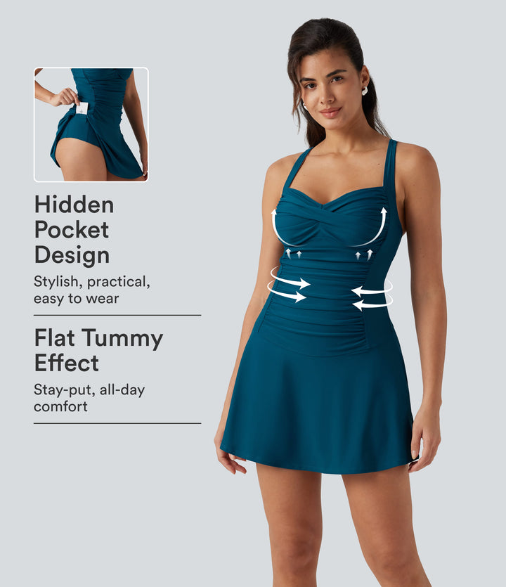 Queen Anne Neck Adjustable Straps Twisted Ruched 2-in-1 Built-in Bra Push-Up Tummy Control Swim Dress with Pockets — Sailor Blue — view 1