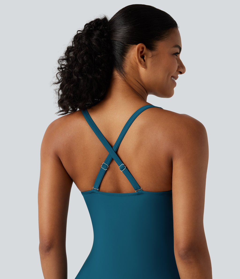 Queen Anne Neck Adjustable Straps Twisted Ruched Split Hem 2-in-1 Built-in Bra Push-Up Tummy Control Swim Dress with Pockets — Electric Kiss - Teal — view 5