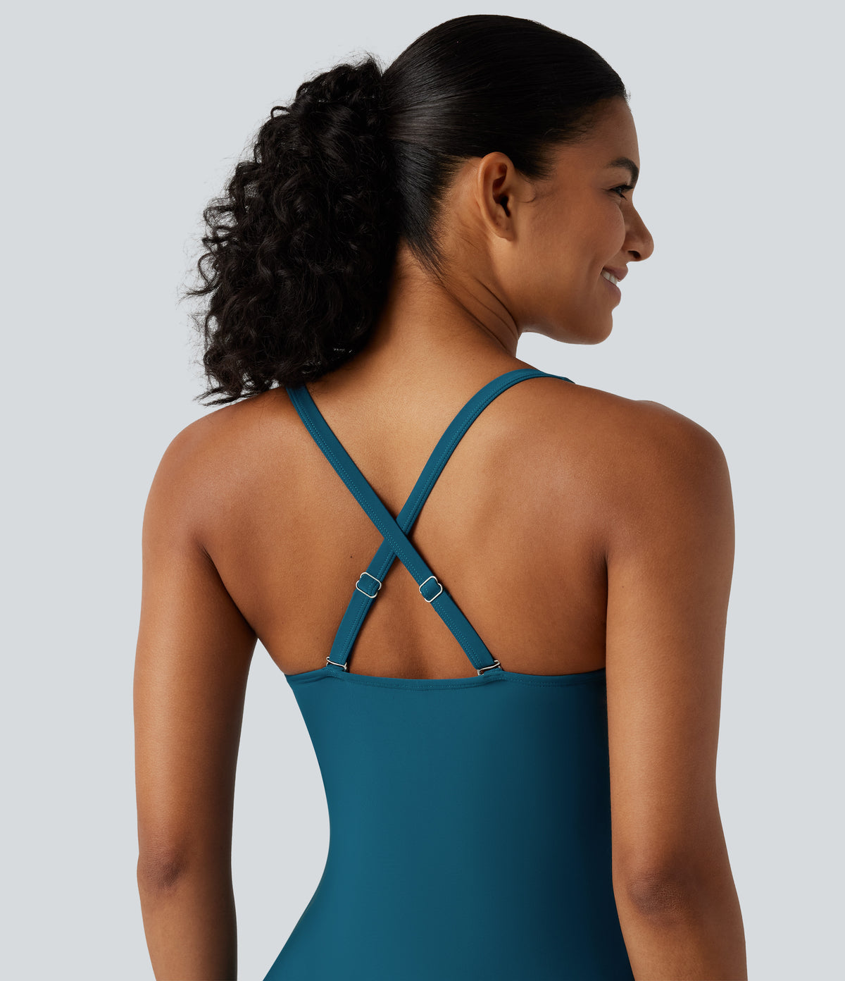 Queen Anne Neck Adjustable Straps Twisted Ruched Split Hem 2-in-1 Built-in Bra Push-Up Tummy Control Swim Dress with Pockets — Electric Kiss - Teal — view 5