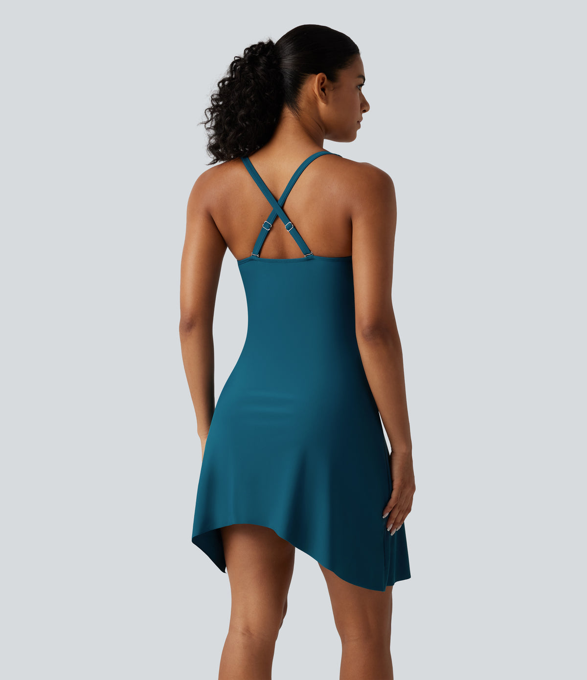 Queen Anne Neck Adjustable Straps Twisted Ruched Split Hem 2-in-1 Built-in Bra Push-Up Tummy Control Swim Dress with Pockets — Electric Kiss - Teal — view 2