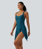 Queen Anne Neck Adjustable Straps Twisted Ruched Split Hem 2-in-1 Built-in Bra Push-Up Tummy Control Swim Dress with Pockets — Electric Kiss - Teal — view 4