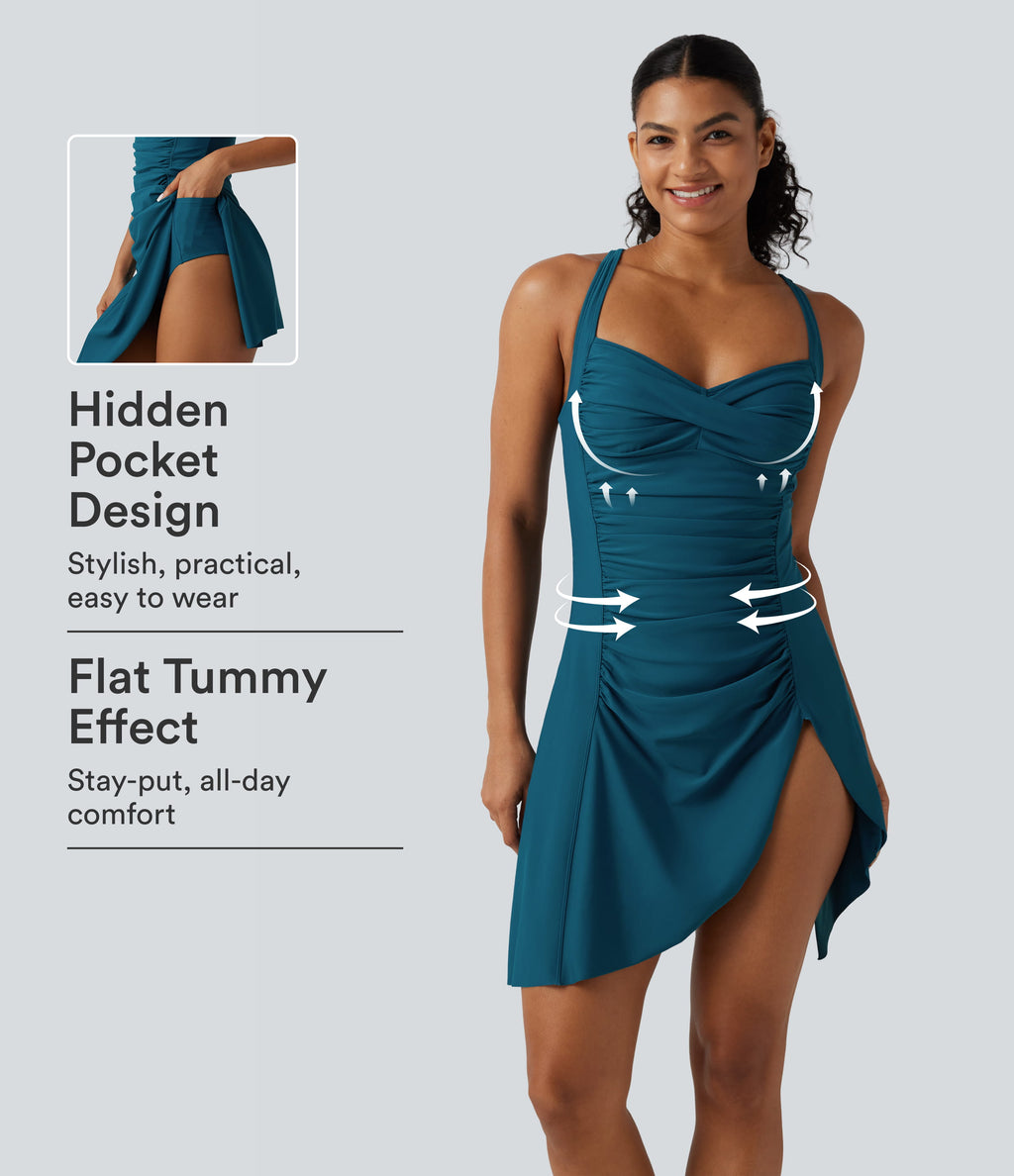 Queen Anne Neck Adjustable Straps Twisted Ruched Split Hem 2-in-1 Built-in Bra Push-Up Tummy Control Swim Dress with Pockets — Electric Kiss - Teal — view 1