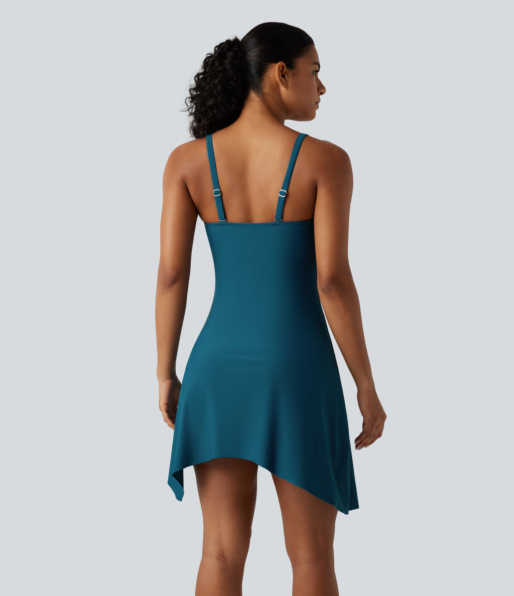 Queen Anne Neck Adjustable Straps Twisted Ruched Split Hem 2-in-1 Built-in Bra Push-Up Tummy Control Swim Dress with Pockets — Electric Kiss - Teal — view 3