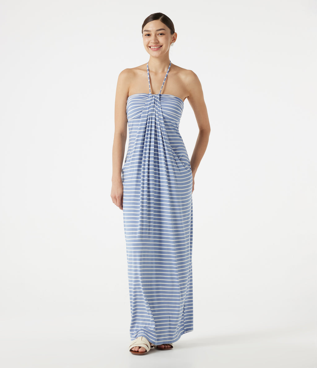 Halter Tie Back Built-in Bra Striped Maxi Resort Dress with Pockets — Blue Horizon Sky — view 3