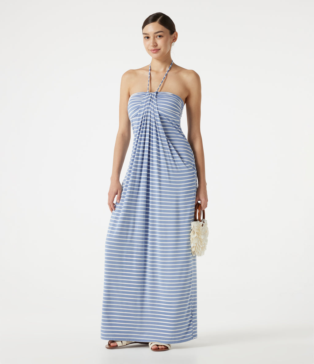 Halter Tie Back Built-in Bra Striped Maxi Resort Dress with Pockets — Blue Horizon Sky — view 7