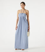 Halter Tie Back Built-in Bra Striped Maxi Resort Dress with Pockets — Blue Horizon Sky — view 7