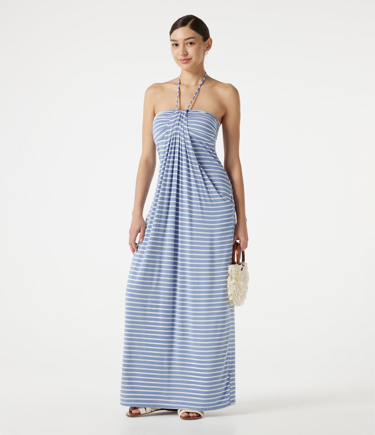 Halter Tie Back Built-in Bra Striped Maxi Resort Dress with Pockets — Blue Horizon Sky — view 7