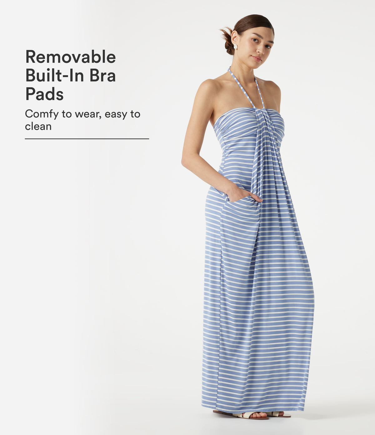Halter Tie Back Built-in Bra Striped Maxi Resort Dress with Pockets — Blue Horizon Sky — view 1