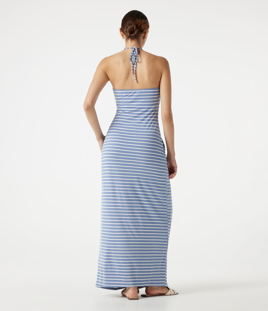 Halter Tie Back Built-in Bra Striped Maxi Resort Dress with Pockets — Blue Horizon Sky — view 2