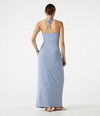Halter Tie Back Built-in Bra Striped Maxi Resort Dress with Pockets — Blue Horizon Sky — view 2