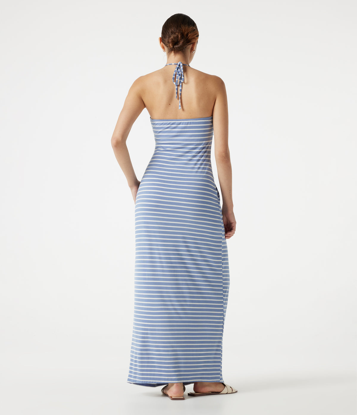 Halter Tie Back Built-in Bra Striped Maxi Resort Dress with Pockets — Blue Horizon Sky — view 2