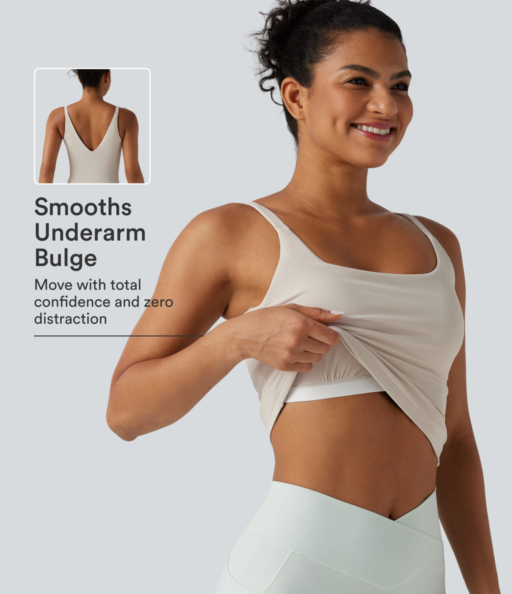 Underarm Smoothing V Back Built-in Bra Workout Tank Top — Earth Tile Gray — view 1