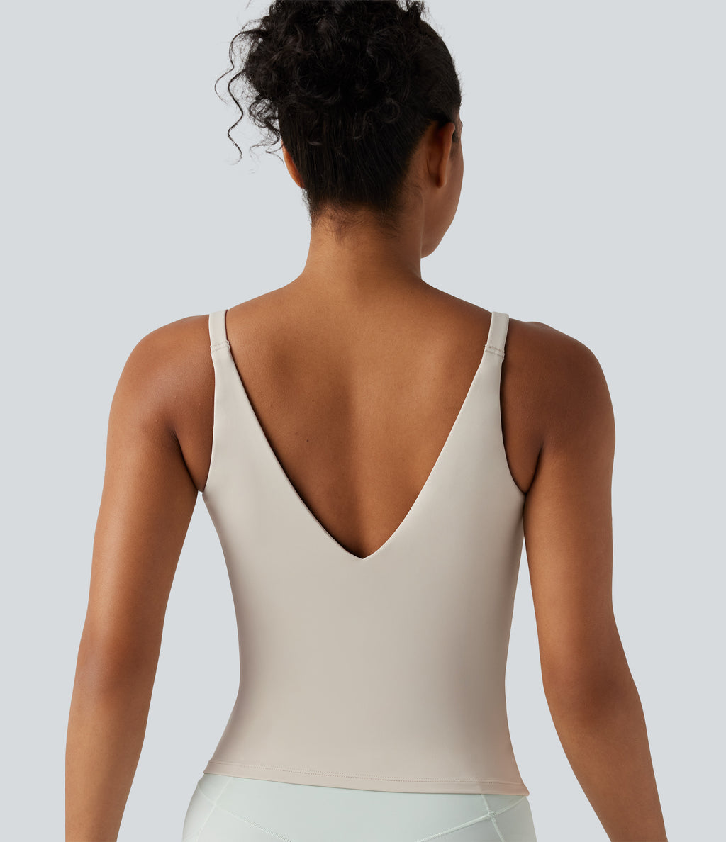 Underarm Smoothing V Back Built-in Bra Workout Tank Top — Earth Tile Gray — view 5