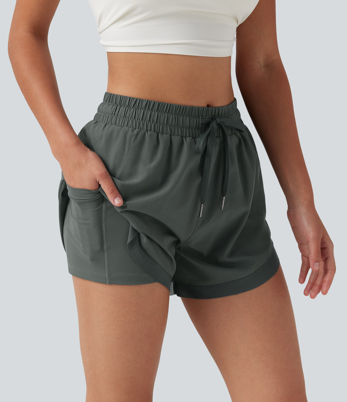 Mid Rise Drawstring Curved Hem Contrast Mesh 2-in-1 Running Shorts 3'' with Pockets — Urban Chic — view 5