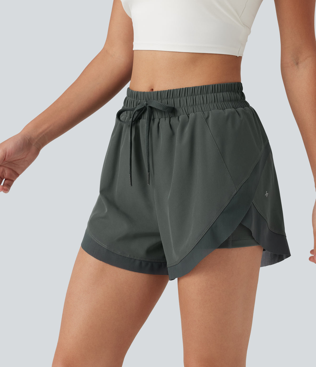 Mid Rise Drawstring Curved Hem Contrast Mesh 2-in-1 Running Shorts 3'' with Pockets — Urban Chic — view 4