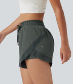 Mid Rise Drawstring Curved Hem Contrast Mesh 2-in-1 Running Shorts 3'' with Pockets — Urban Chic — view 7