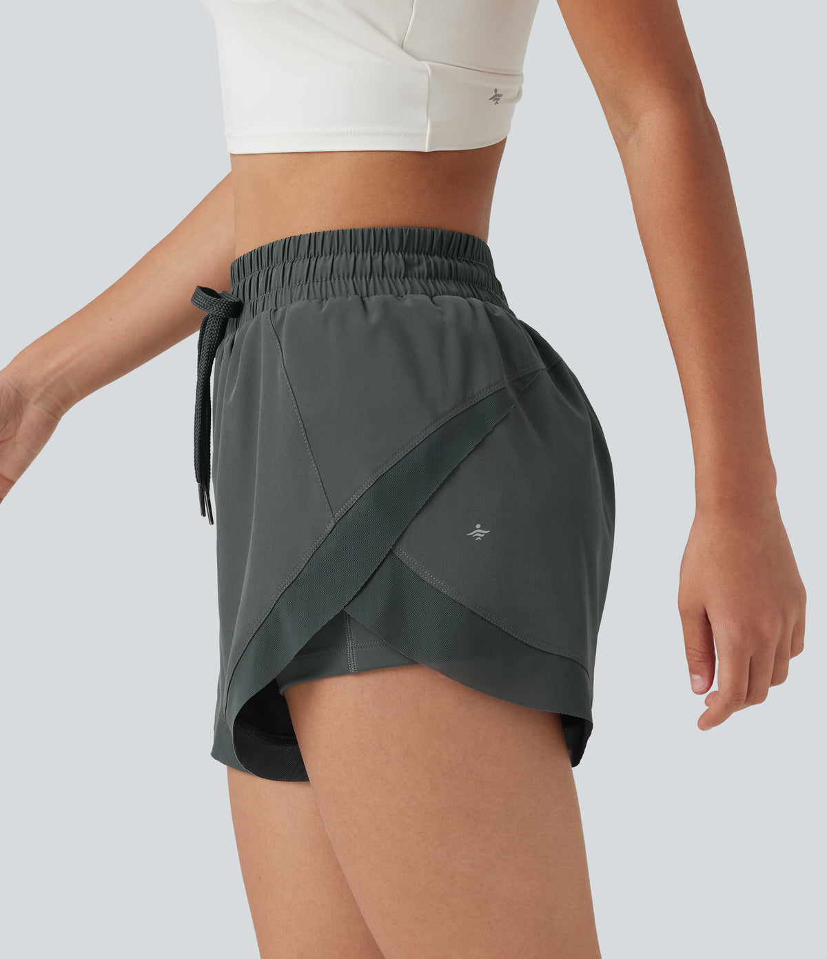 Mid Rise Drawstring Curved Hem Contrast Mesh 2-in-1 Running Shorts 3'' with Pockets — Urban Chic — view 7