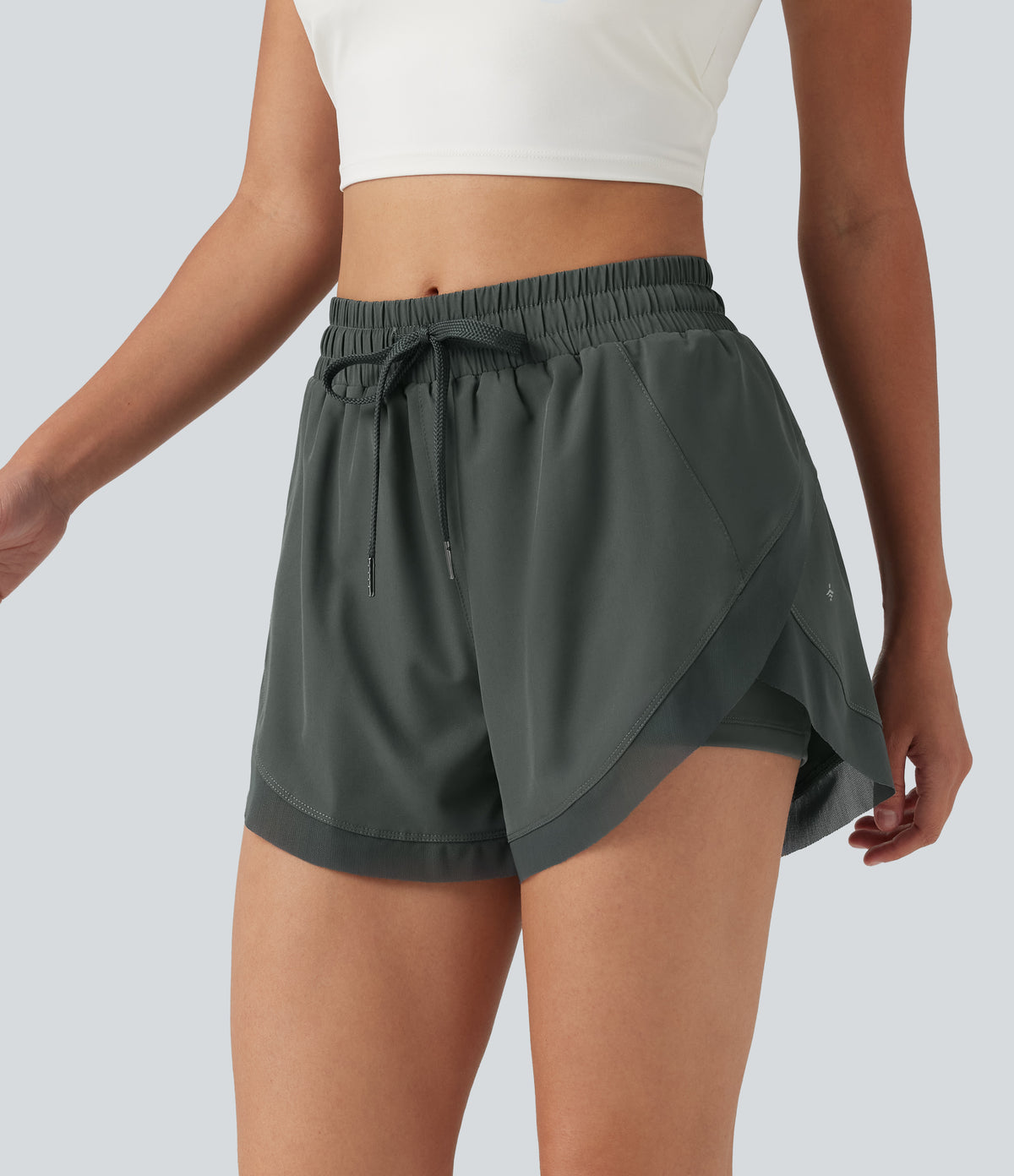 Mid Rise Drawstring Curved Hem Contrast Mesh 2-in-1 Running Shorts 3'' with Pockets — Urban Chic — view 8