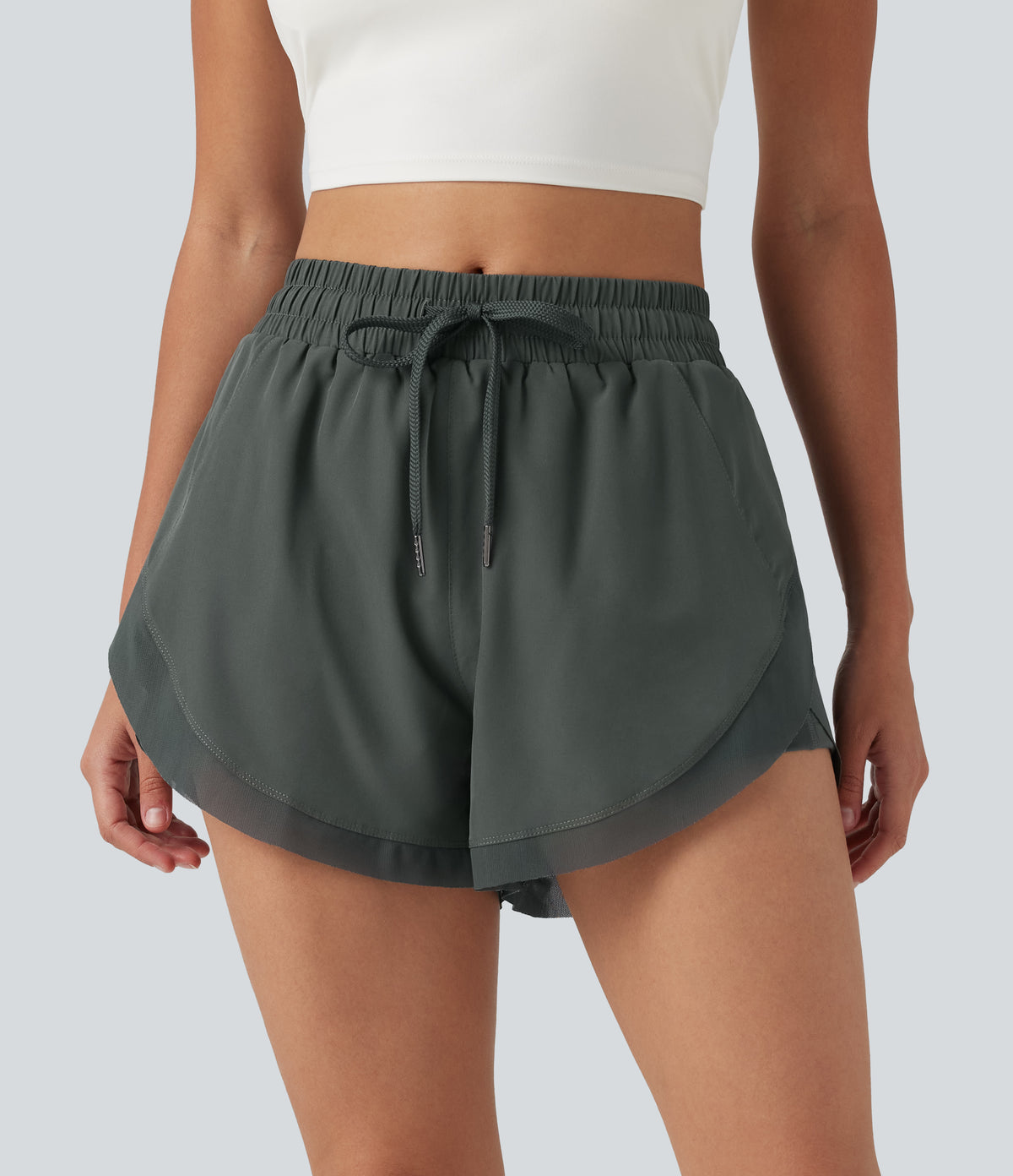 Mid Rise Drawstring Curved Hem Contrast Mesh 2-in-1 Running Shorts 3'' with Pockets — Urban Chic — view 3