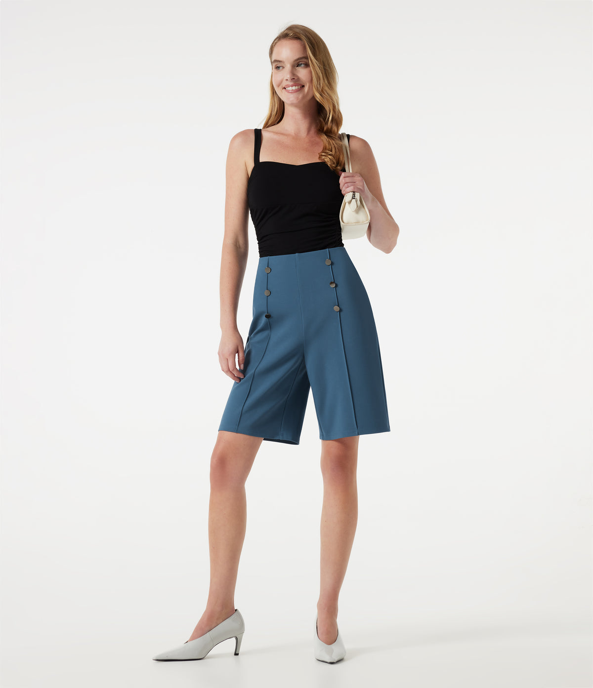 High-waisted Decorative Buttons Work Baggy Shorts with Pockets — Stellar — view 7
