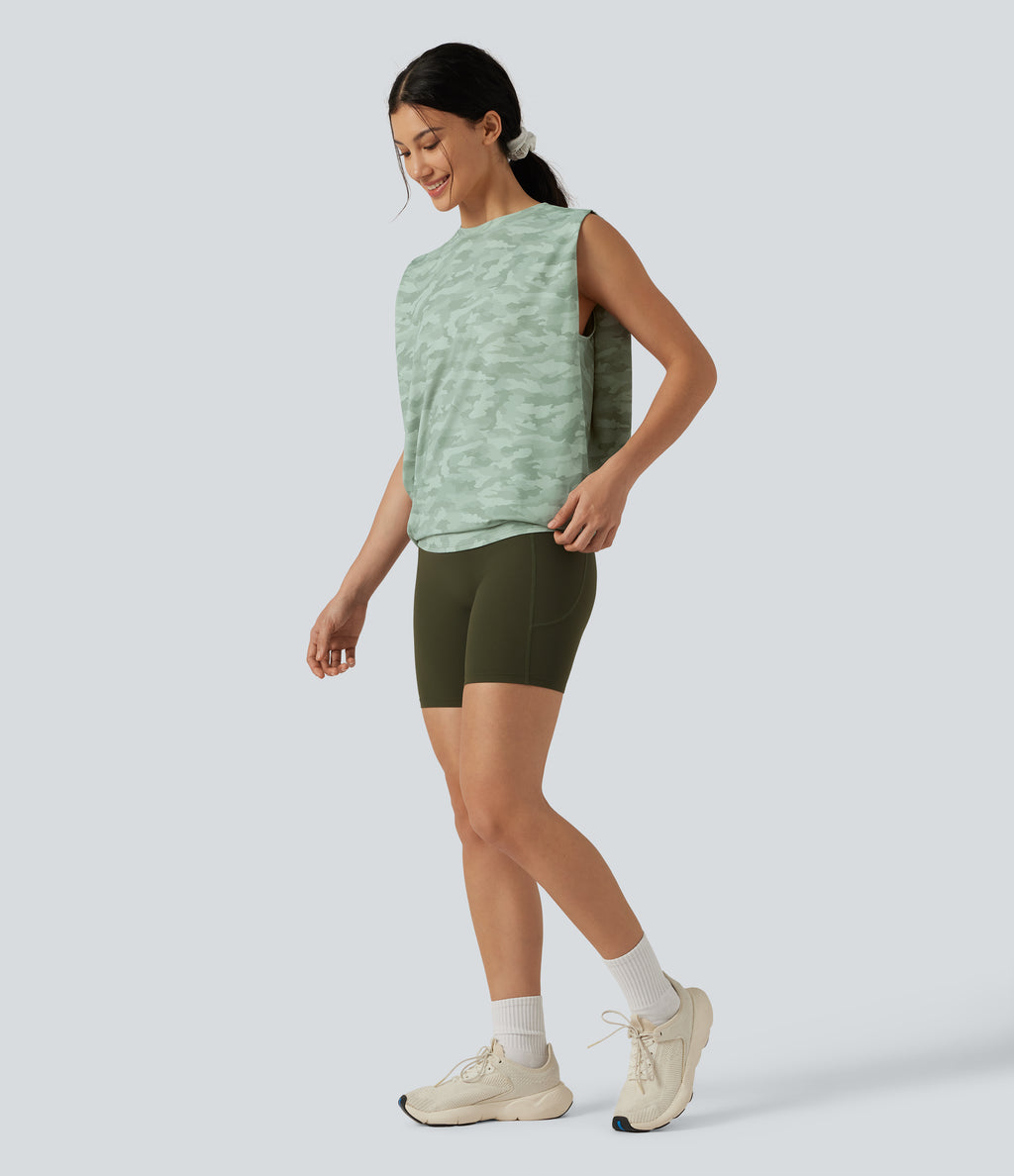 Round Neck Camo Workout Tank Top — Urban Mist Camo — view 6