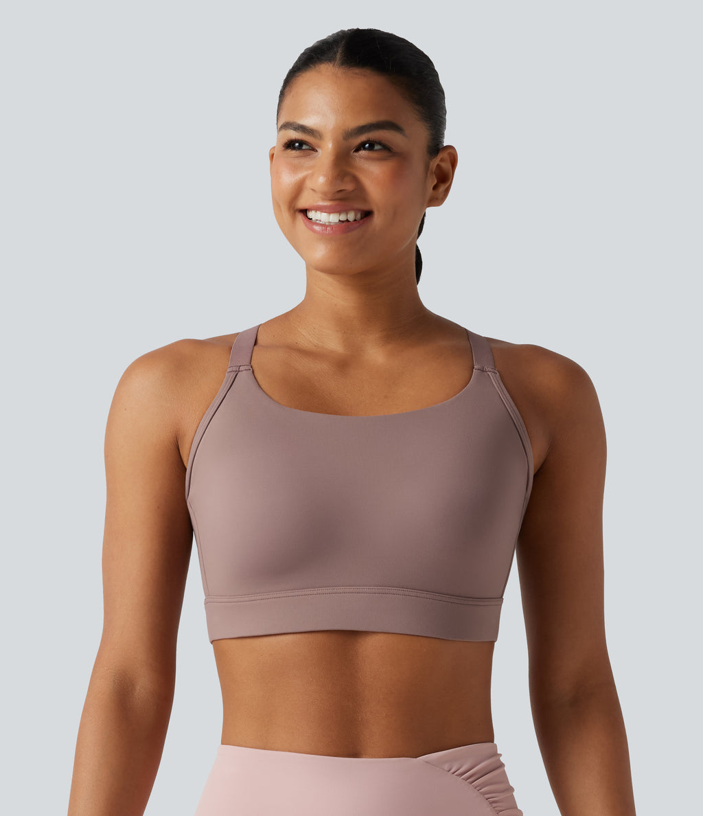 Medium Support U-Neck Backless Adjustable Buckle Molded Spacer Training Sports Bra — Dusty Rose — view 2