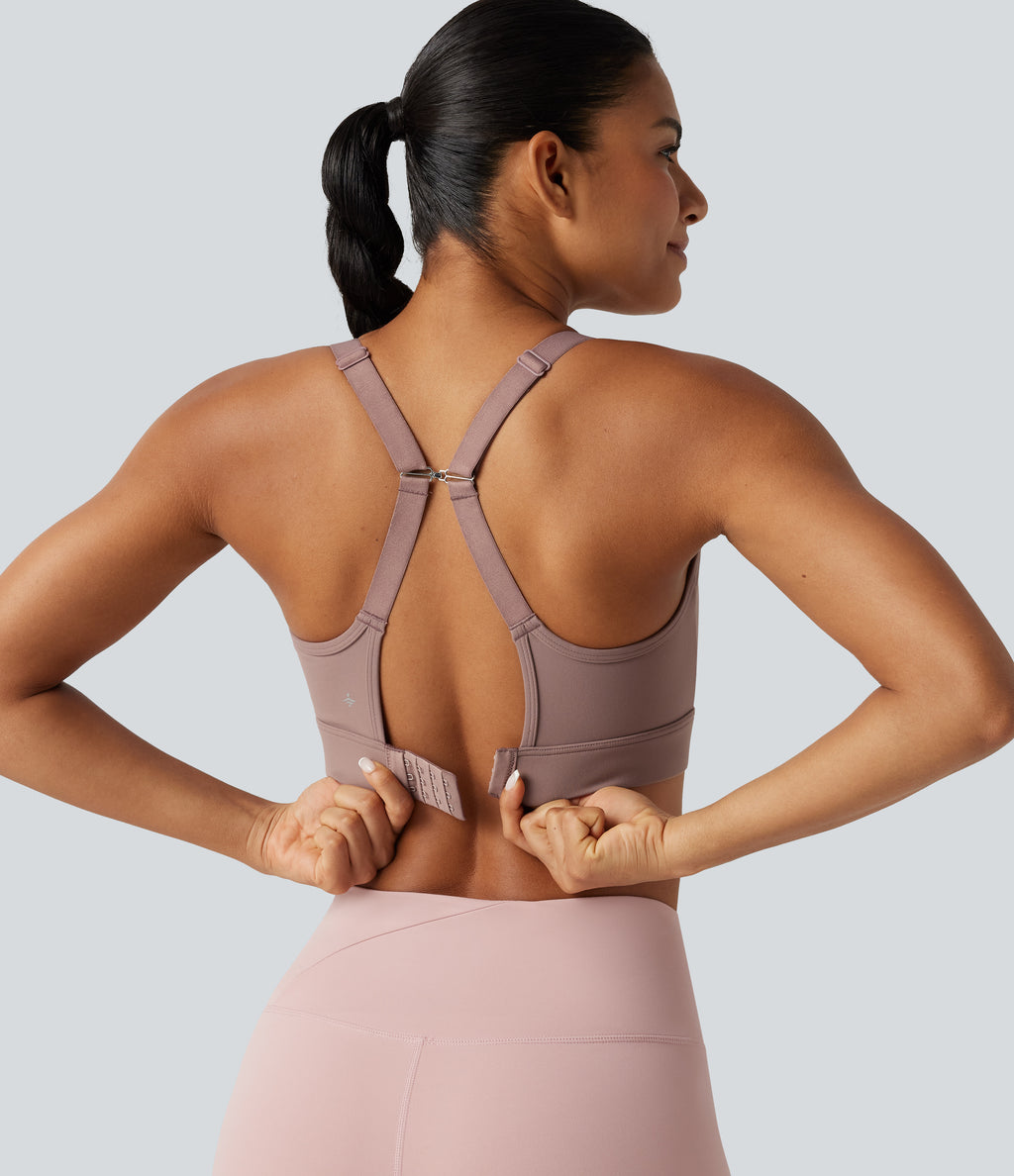 Medium Support U-Neck Backless Adjustable Buckle Molded Spacer Training Sports Bra — Dusty Rose — view 1