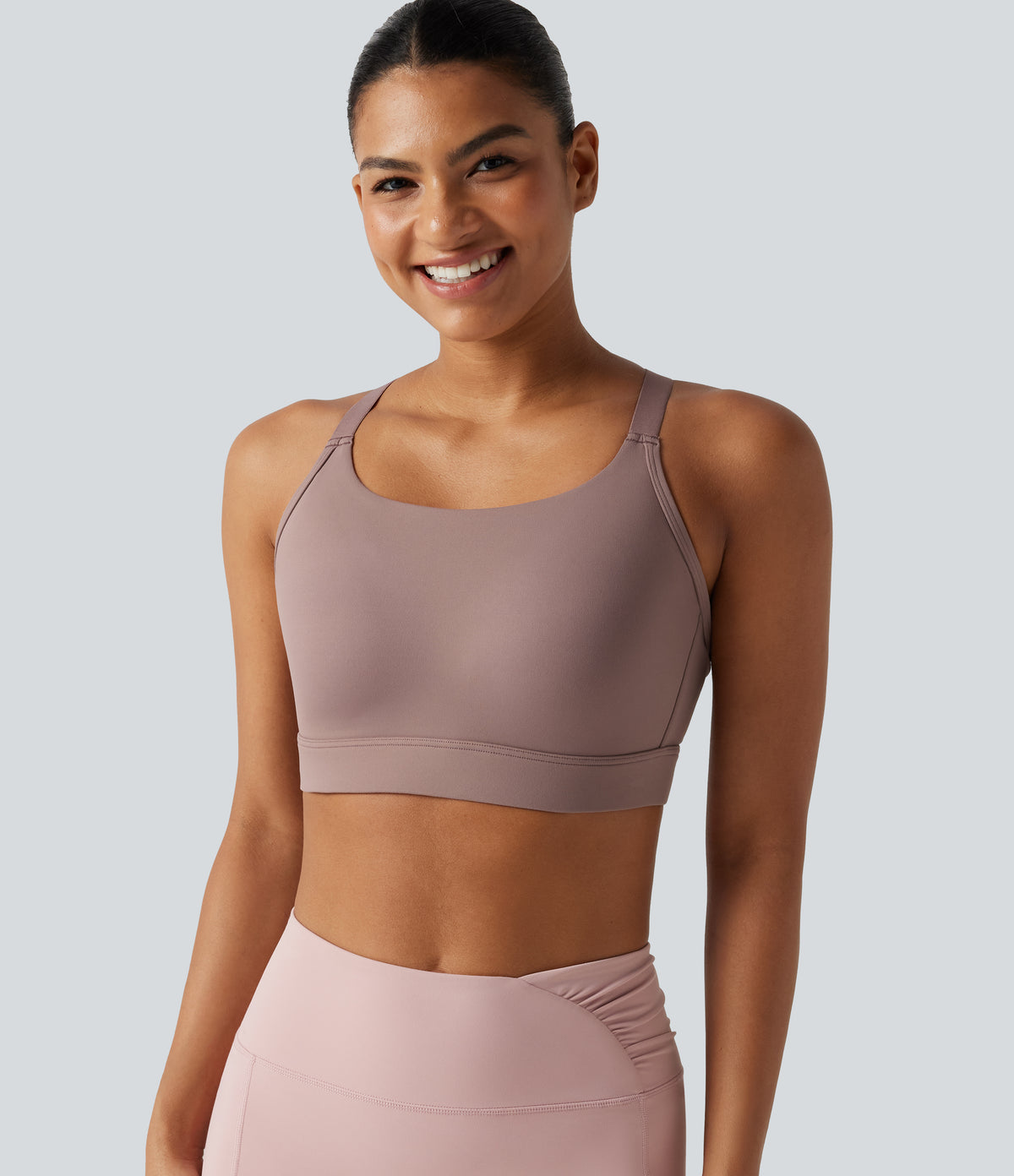 Medium Support U-Neck Backless Adjustable Buckle Molded Spacer Training Sports Bra — Dusty Rose — view 7