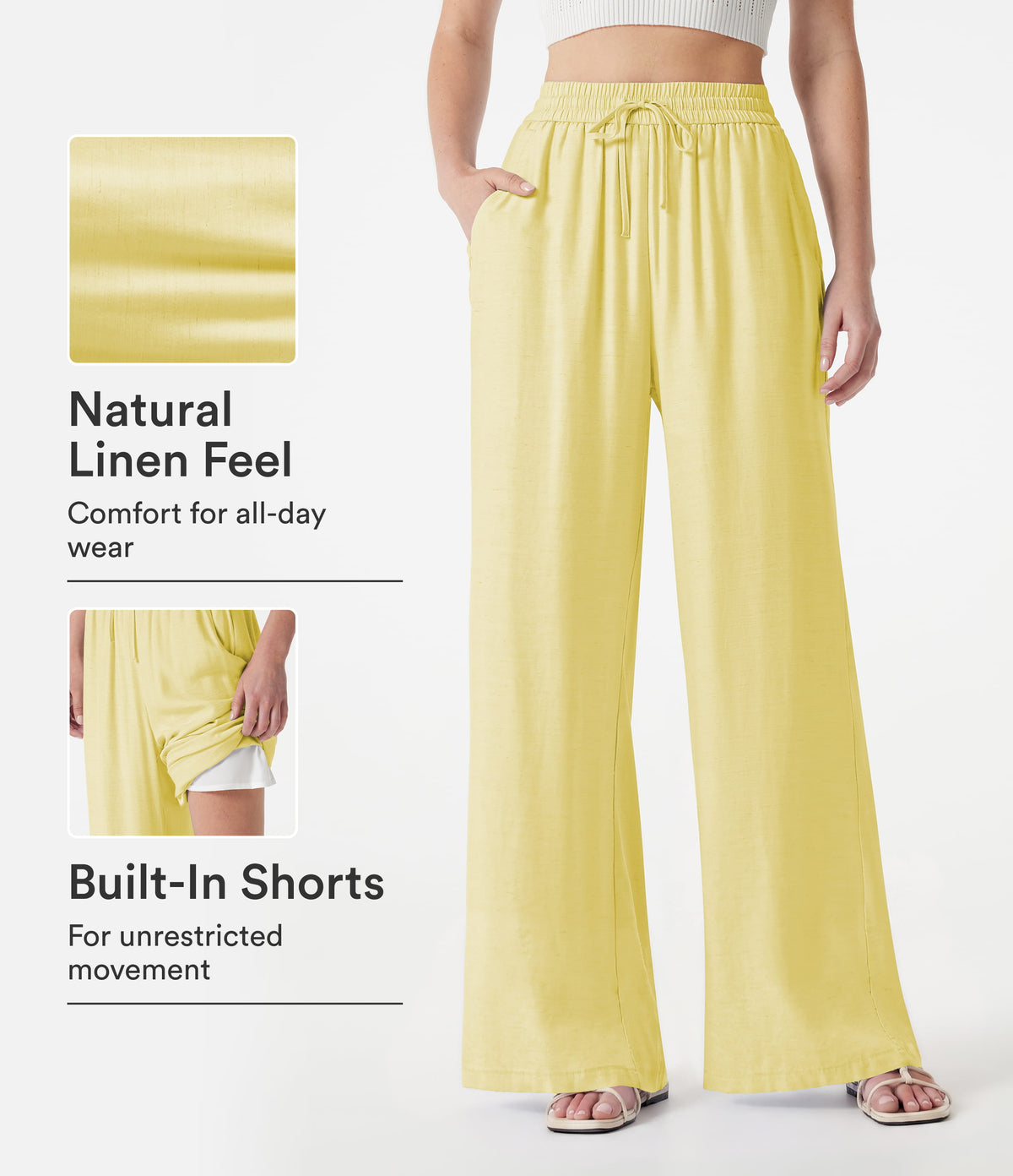 High Waisted Drawstring 2-in-1 Wide Leg Casual Linen-Blend Trousers with Pockets — Pastel Yellow — view 1