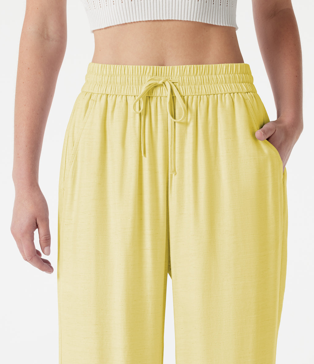 High Waisted Drawstring 2-in-1 Wide Leg Casual Linen-Blend Trousers with Pockets — Pastel Yellow — view 5