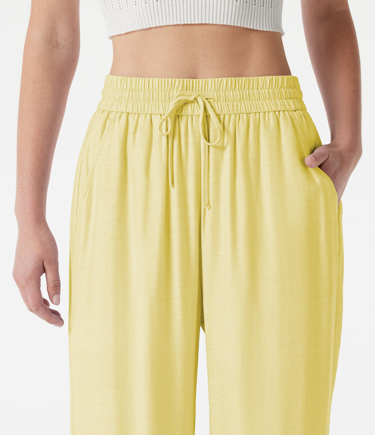 High Waisted Drawstring 2-in-1 Wide Leg Casual Linen-Blend Trousers with Pockets — Pastel Yellow — view 5