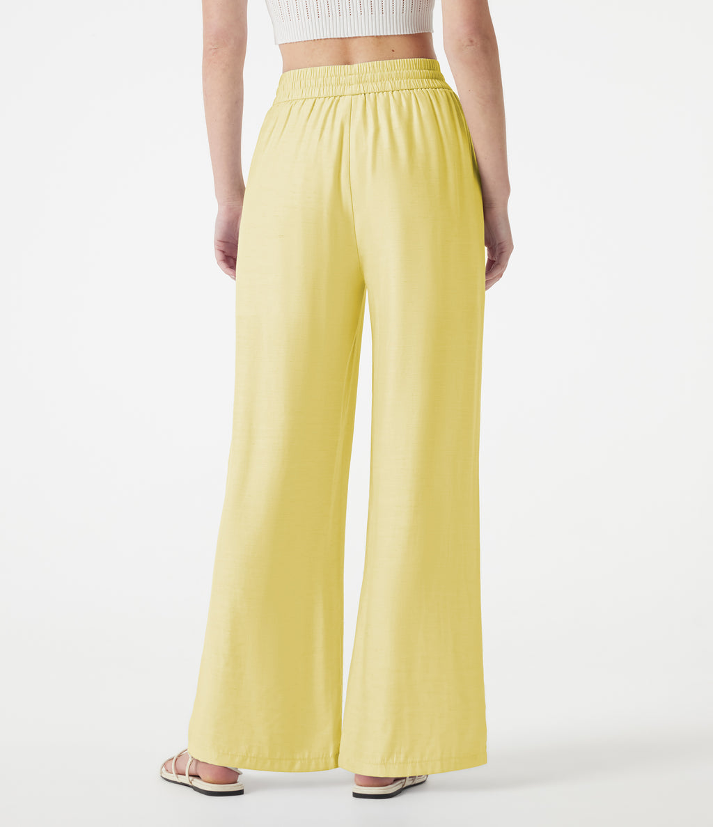 High Waisted Drawstring 2-in-1 Wide Leg Casual Linen-Blend Trousers with Pockets — Pastel Yellow — view 2